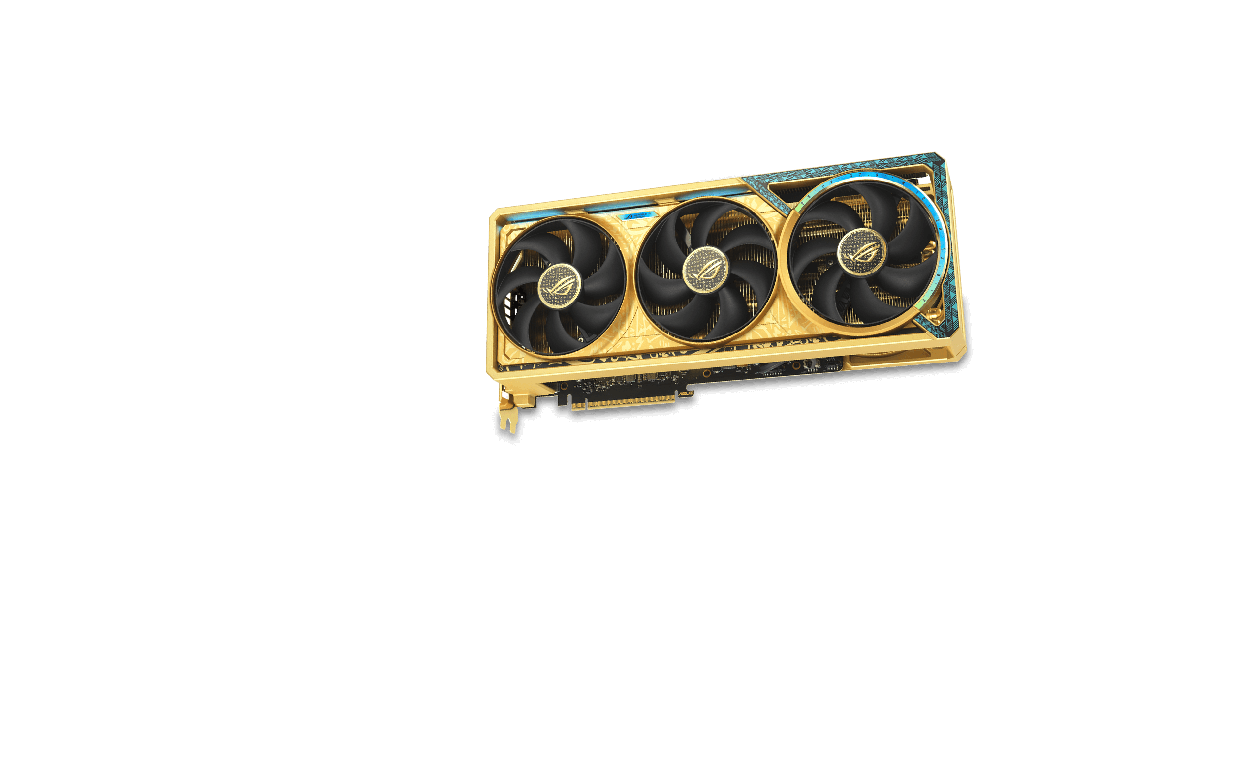 ROG Astral GeForce RTX™ 5080 Dhahab CORE graphics card with a desert in the background