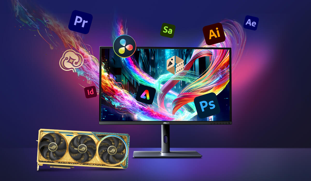 Monitor and ROG Astral Dhahab CORE on a desk, with Adobe product logos floating around the monitor