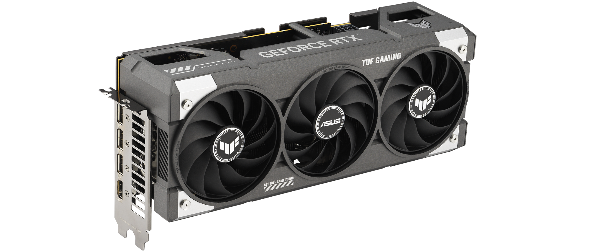 Angled front view of TUF Gaming GeForce RTX 5060 showing triple fans and ARGB lighting
