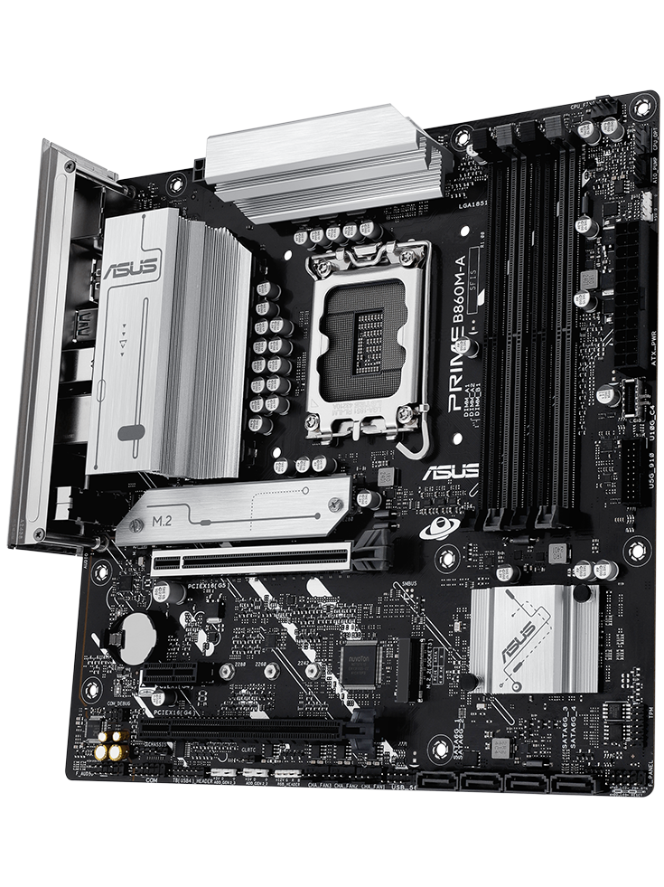 PRIME B860M-A motherboard front view, floating in space.