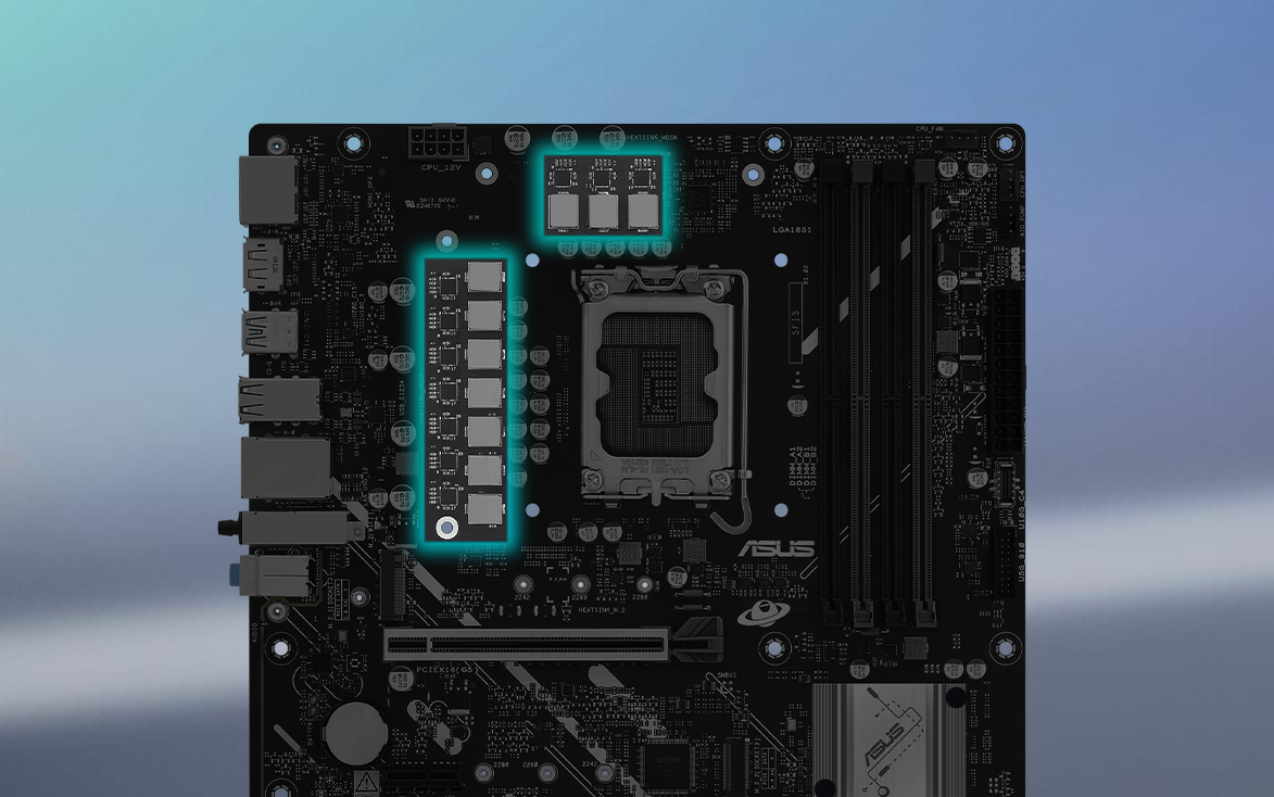 Angled top-down view of PRIME B860M-A motherboard.