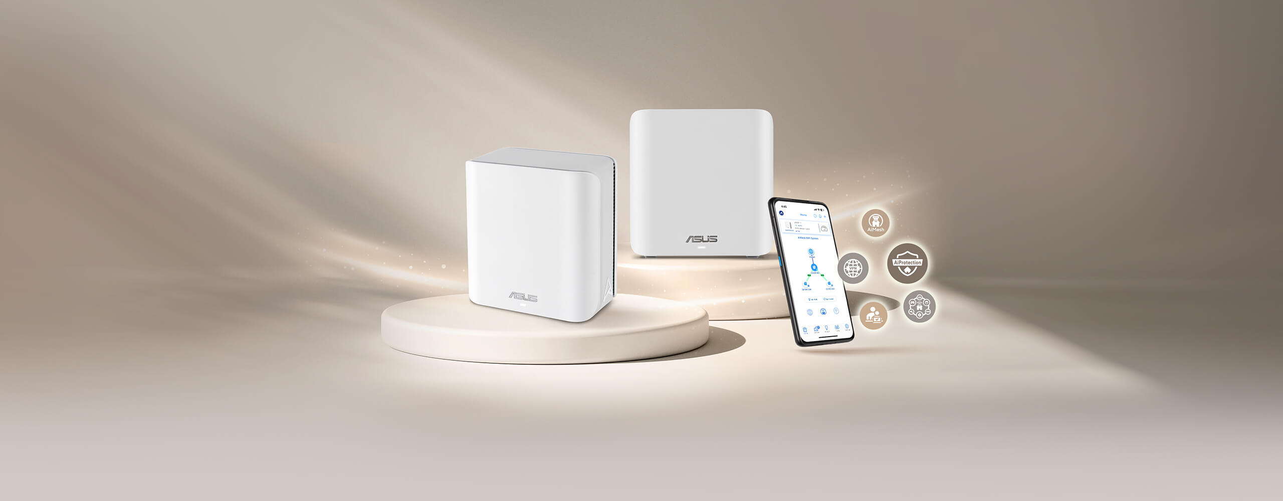 ASUS ZenWiFi BD4 mesh system on display with a smartphone showing the mesh topology interface.