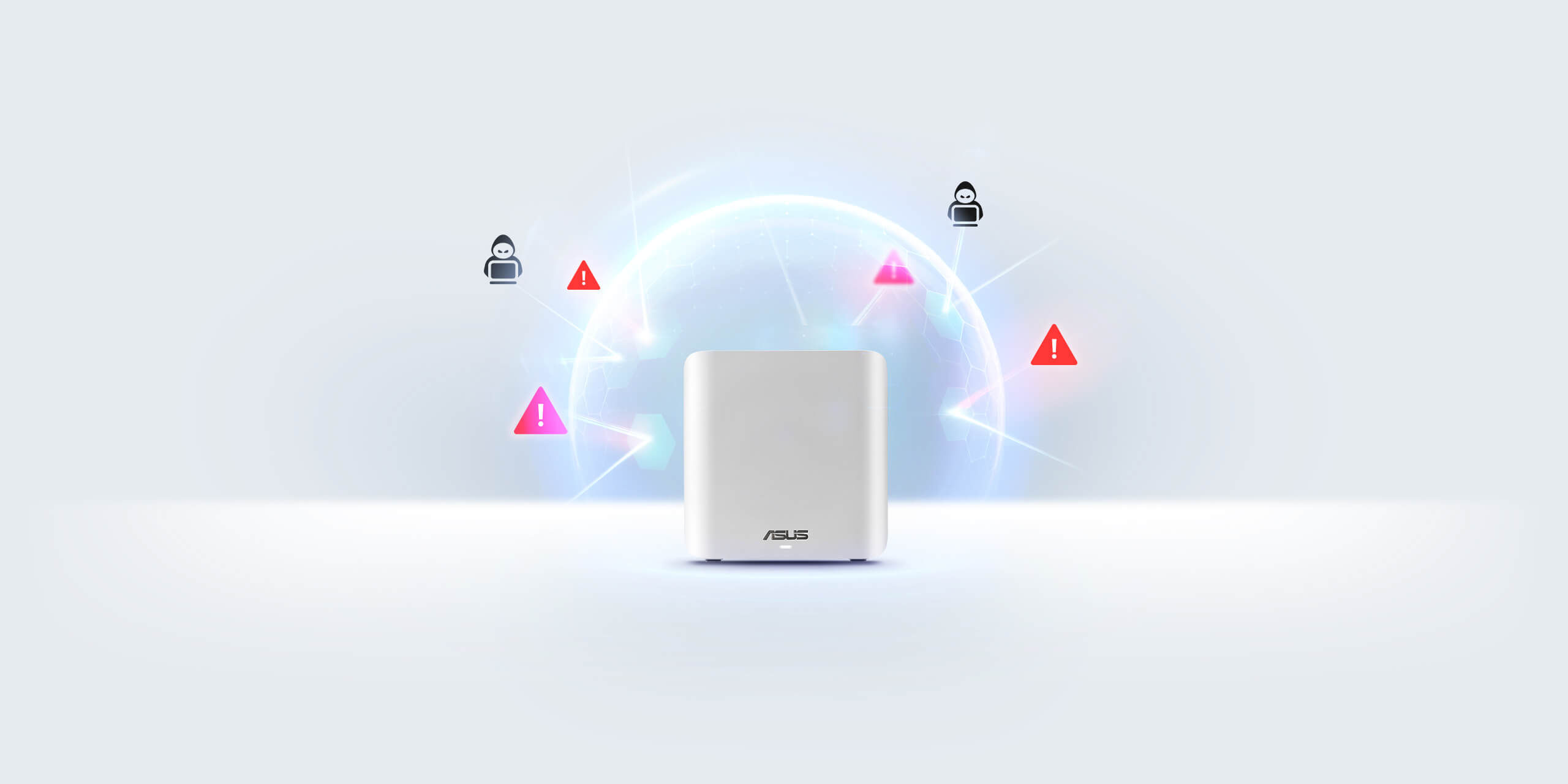 ASUS ZenWiFi BD4 with a digital shield surrounding it, protecting against various online threats.