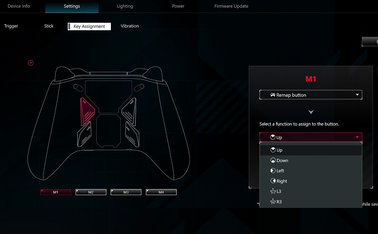 The key assignments Armoury Crate software interface for ROG Raikiri
