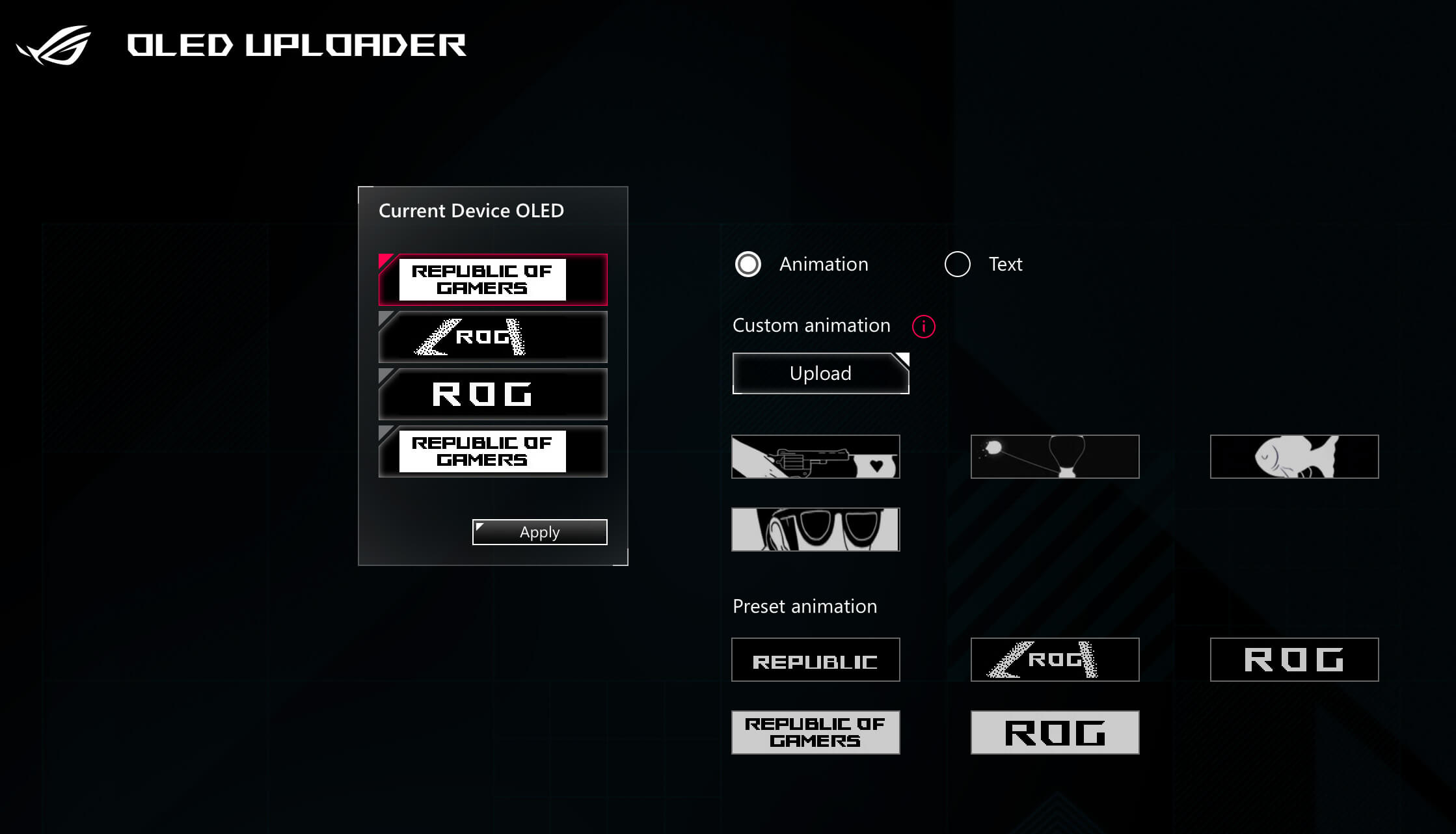 The OLED settings Armoury Crate software interface for ROG Raikiri