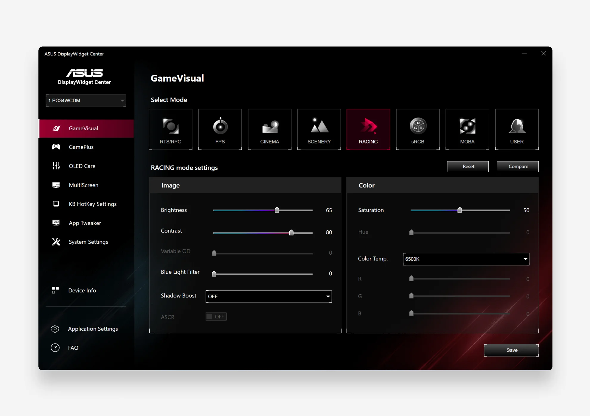Captura de pantalla de DisplayWidget UI en monitor ASUS