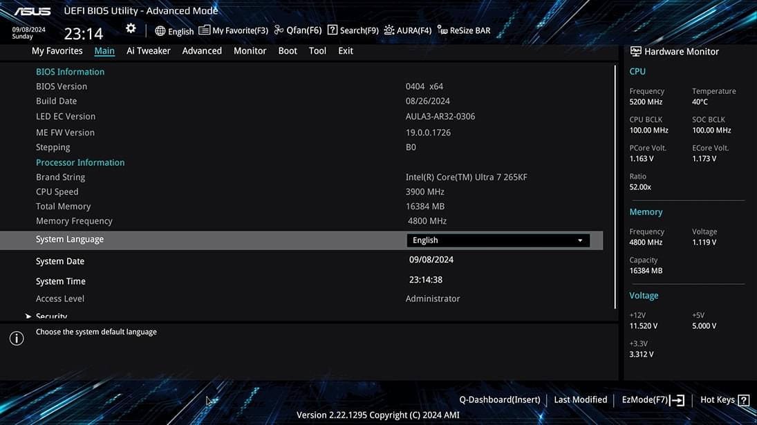 UEFI BIOS advanced mode UI.