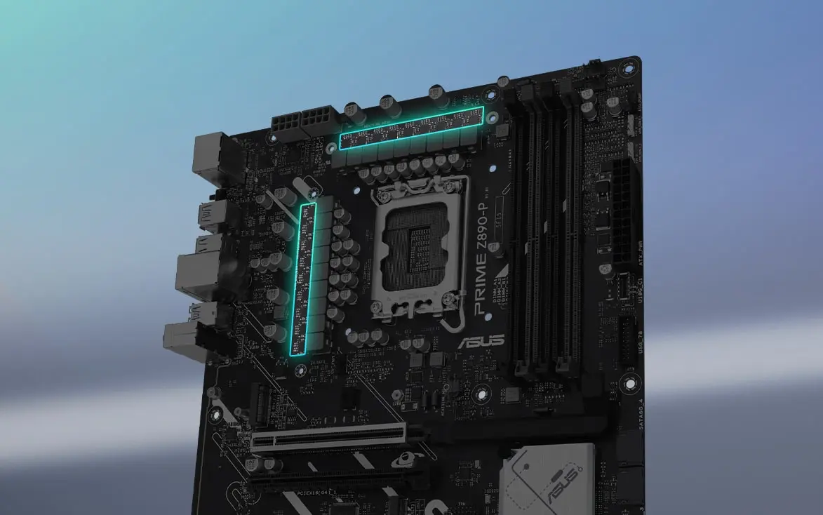 Schräge Draufsicht auf das PRIME Z890-P Motherboard. 