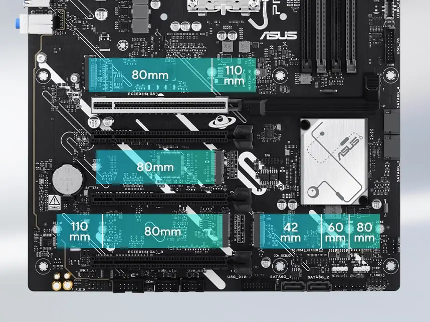 Grafik, die verschiedene M.2-Steckplätze auf einem Mainboard zeigt. 