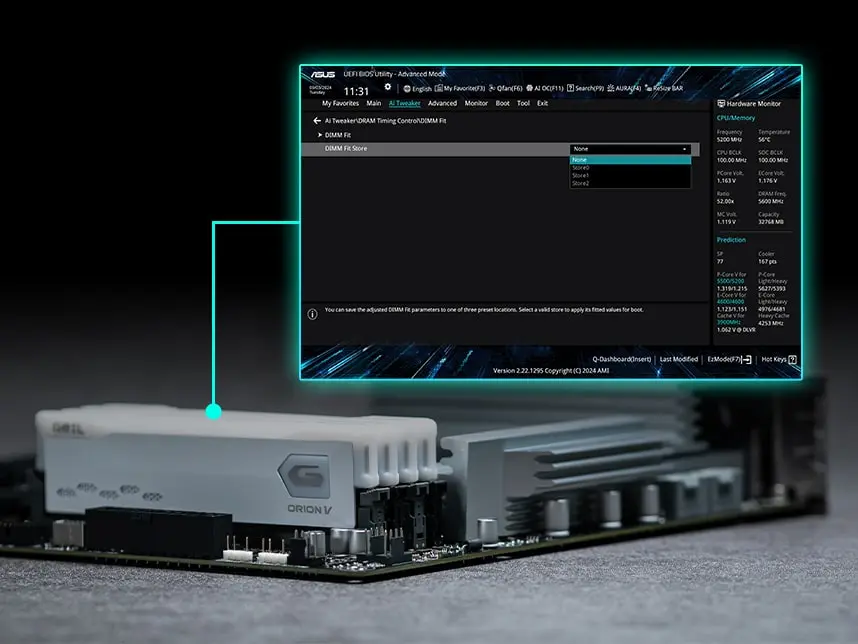 Grafik, die die Position der DIMMs markiert und das UI der Funktion DIMM Fit anzeigt. 