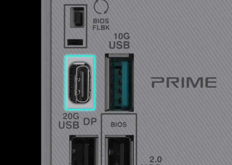 E/A-Anschlüsse mit Hervorhebung des USB 20Gbps-Anschlusses mit DP Alt Mode