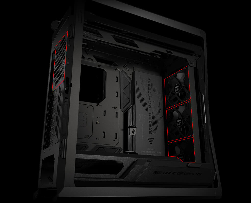 side angle of ROG Hyperion GR701 with four 140 mm PWM system fans highlighted