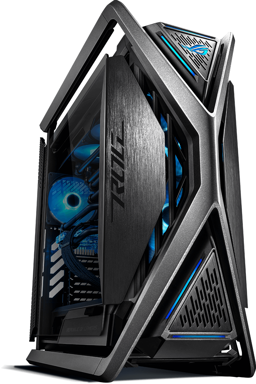 ROG Hyperion GR701 front hero angle focus on metal accents and aluminum frame