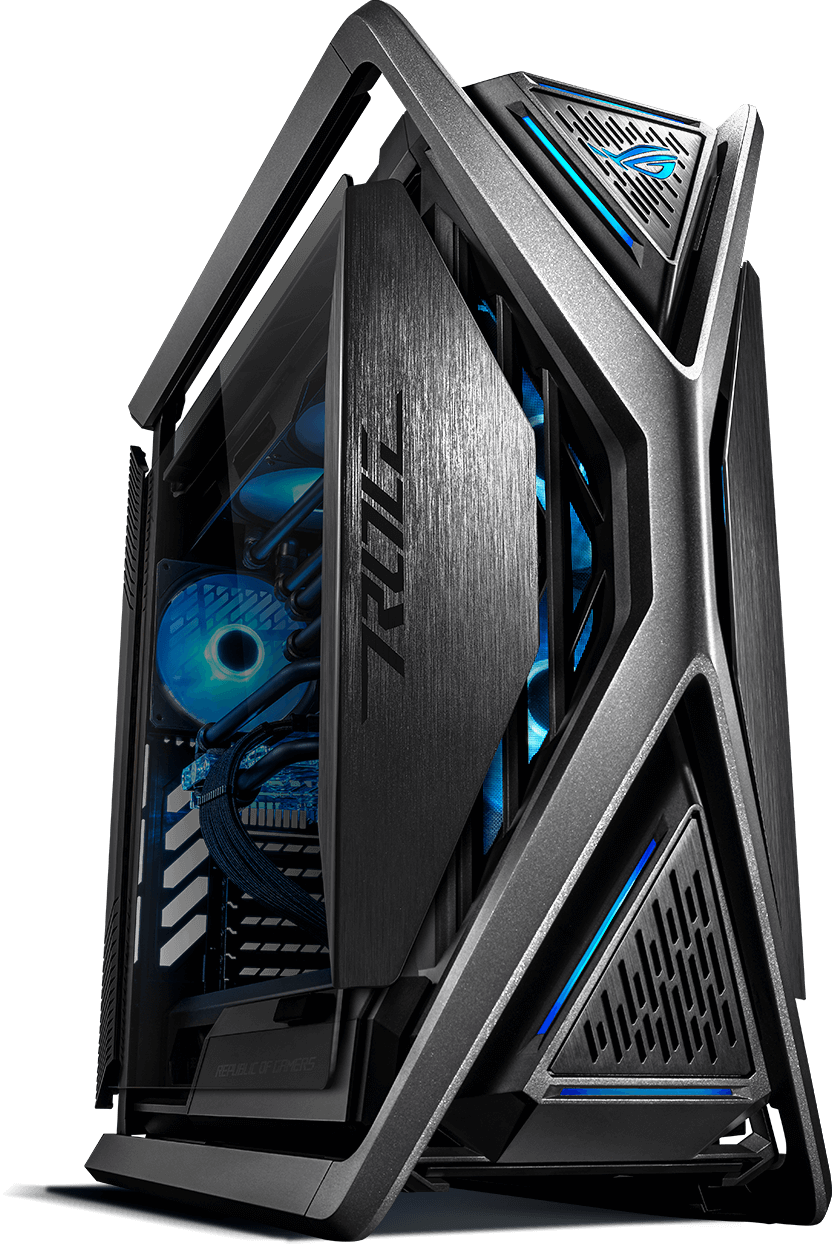 ROG Hyperion GR701 front hoek focus op metalen accenten en aluminium frame