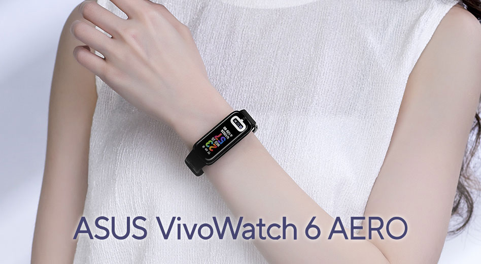 A female is wearing ASUS VivoWatch 6 AERO on wrist, showing time