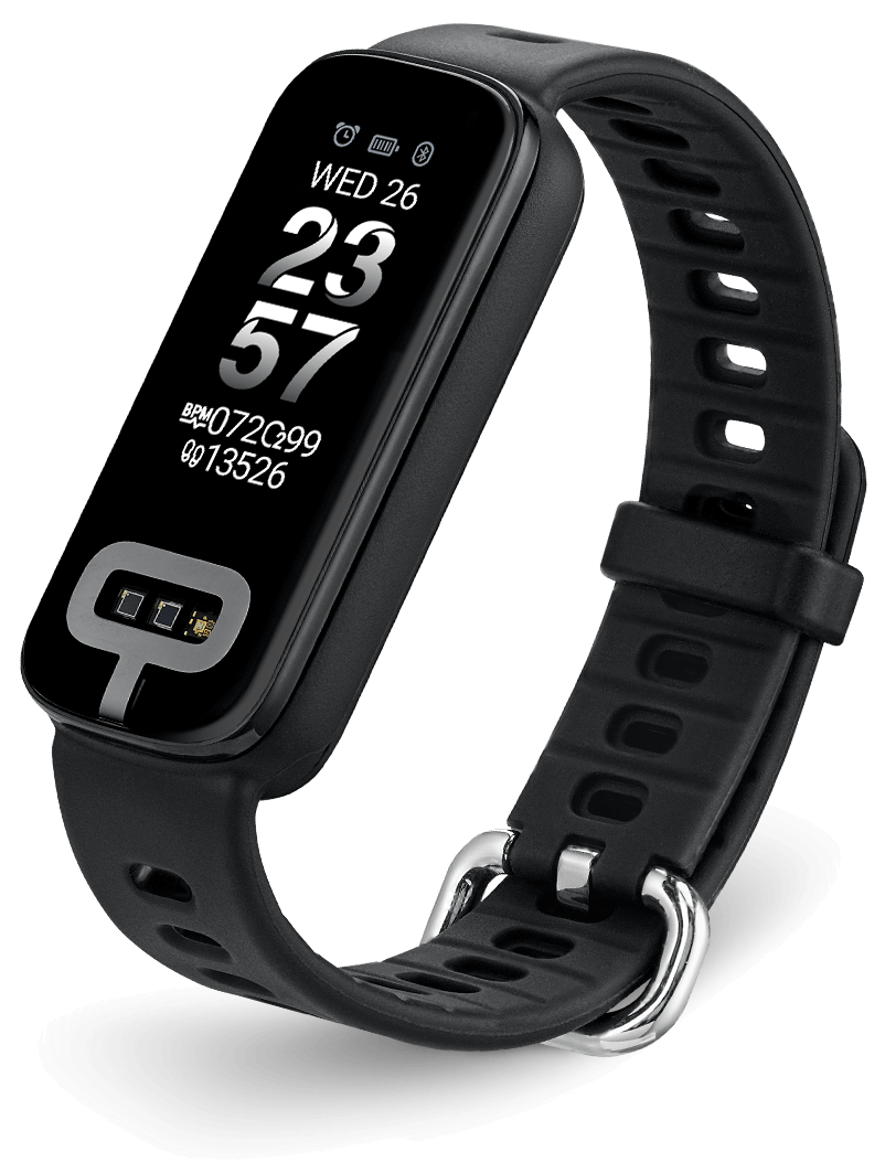 A stylish smart band features a heart rate monitor, with front sensor highlighted in blue color