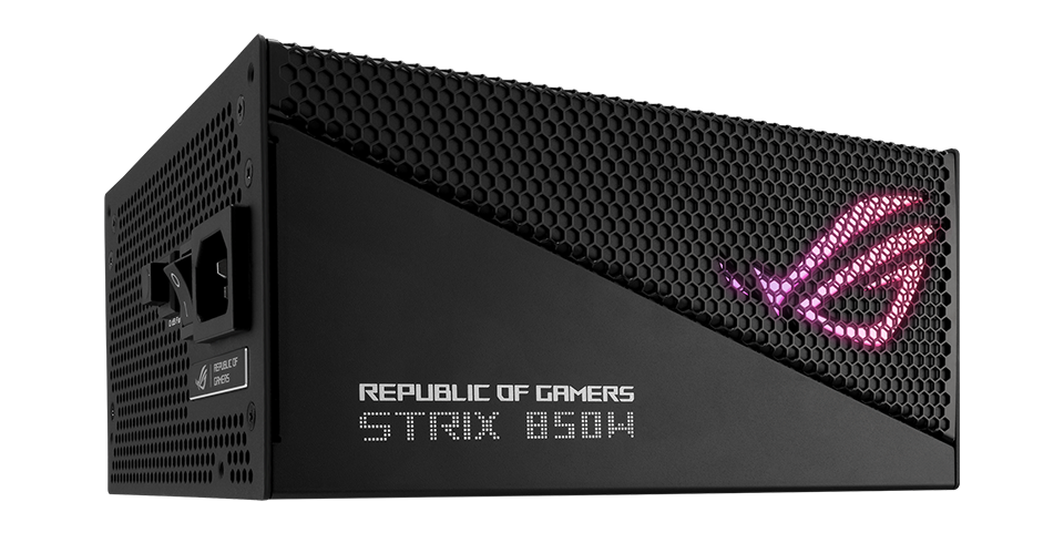Вигляд збоку ROG Strix 850W Gold Aura Edition демонструє алюмінієвий корпус блока живлення