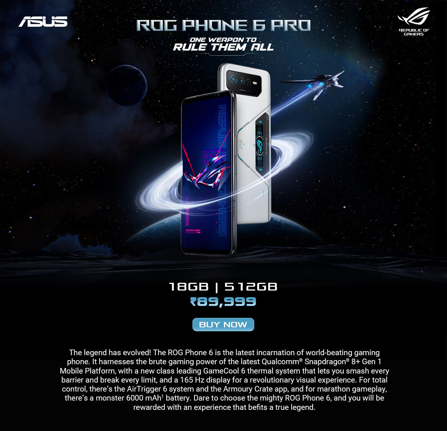 Asus ROG Phone 6 Pro Snapdragon 8+ Gen1 18+512GB Android 12 5G Gaming Phone  White (AI2201 D-2D038WW)