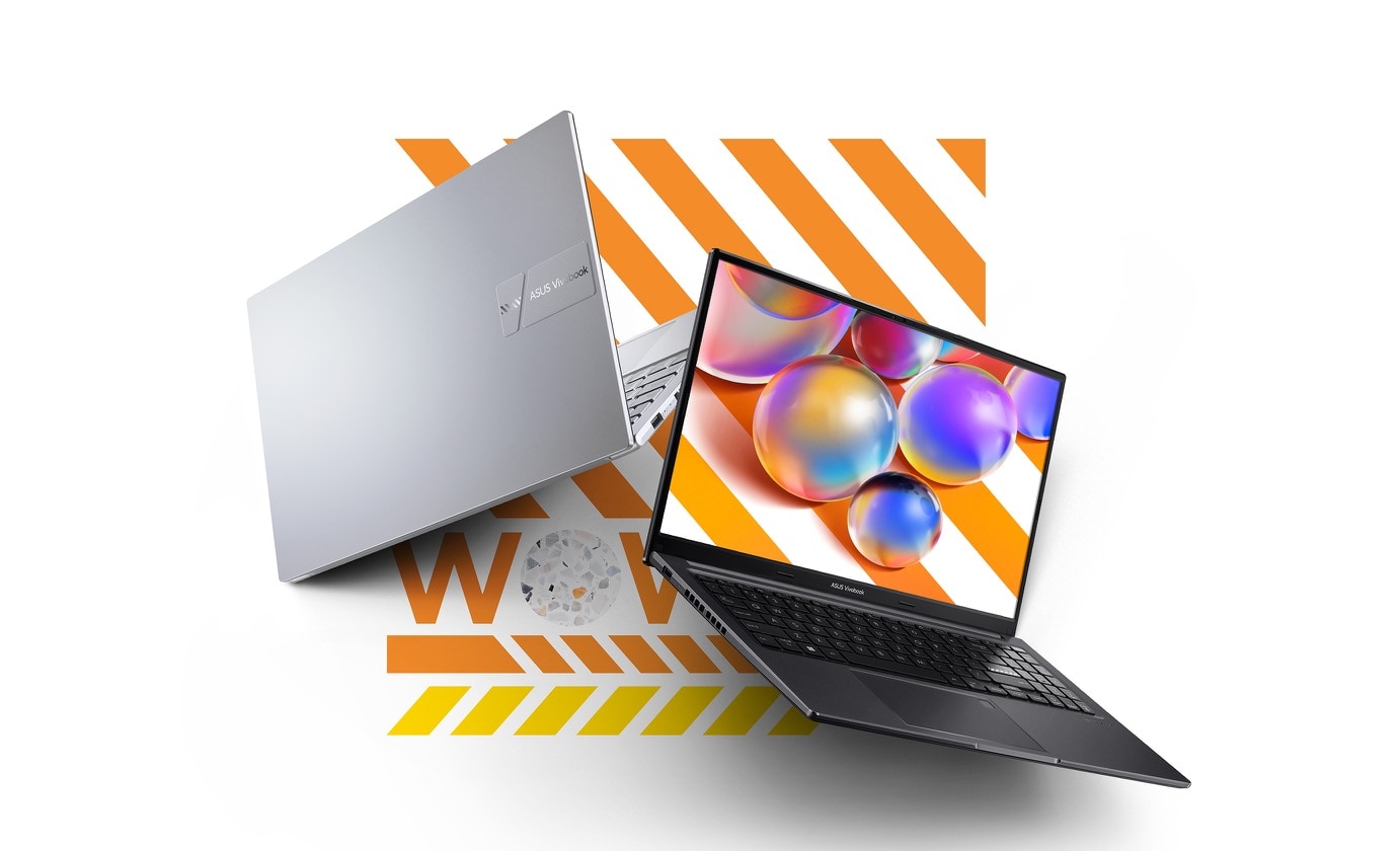 Jeden otevřený notebook ASUS Vivobook 15 OLED s obrazovkou a klávesnicí a jeden zavřený ukazující víko.