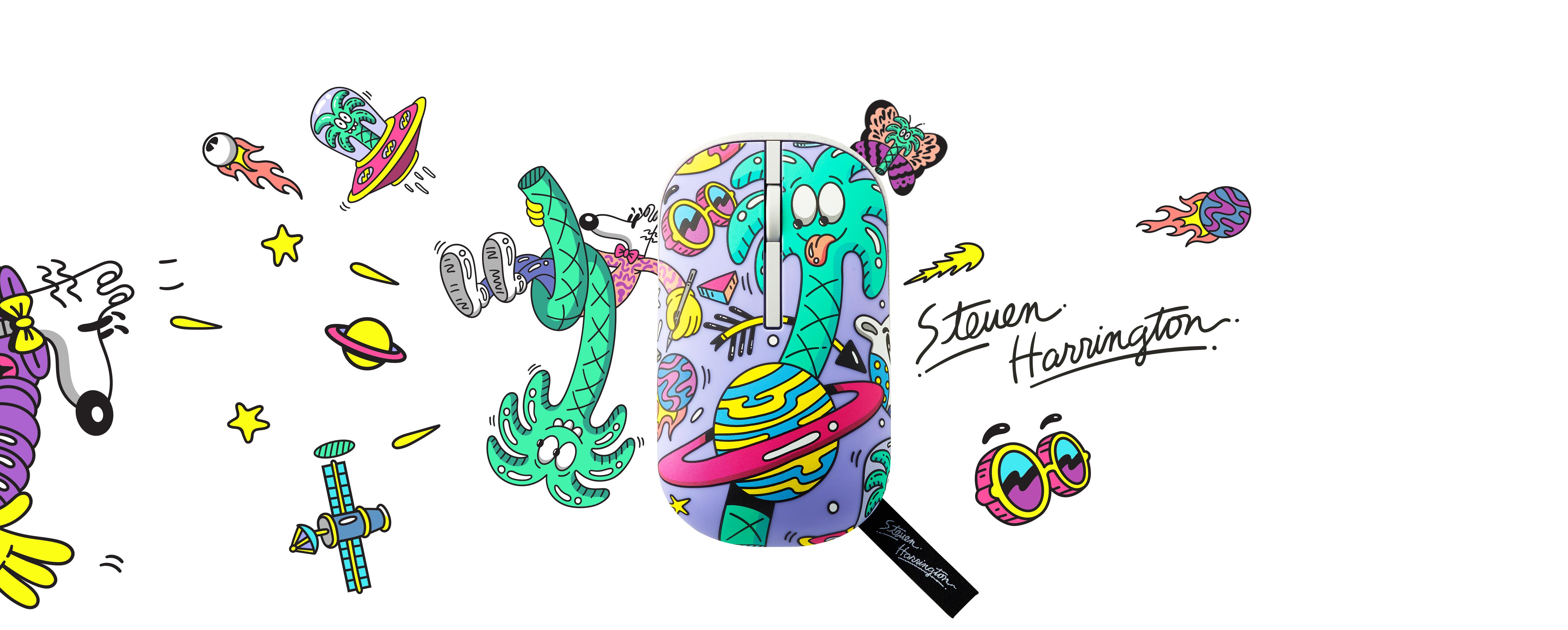 ASUS Marshmallow Mouse MD100 Steven Harrington Edition has a light purple finish and includes his iconic artwork including the palm tree, glasses and Saturn. His other works like Mello, butterfly, and stars, along with his signature, can also be found on the page.