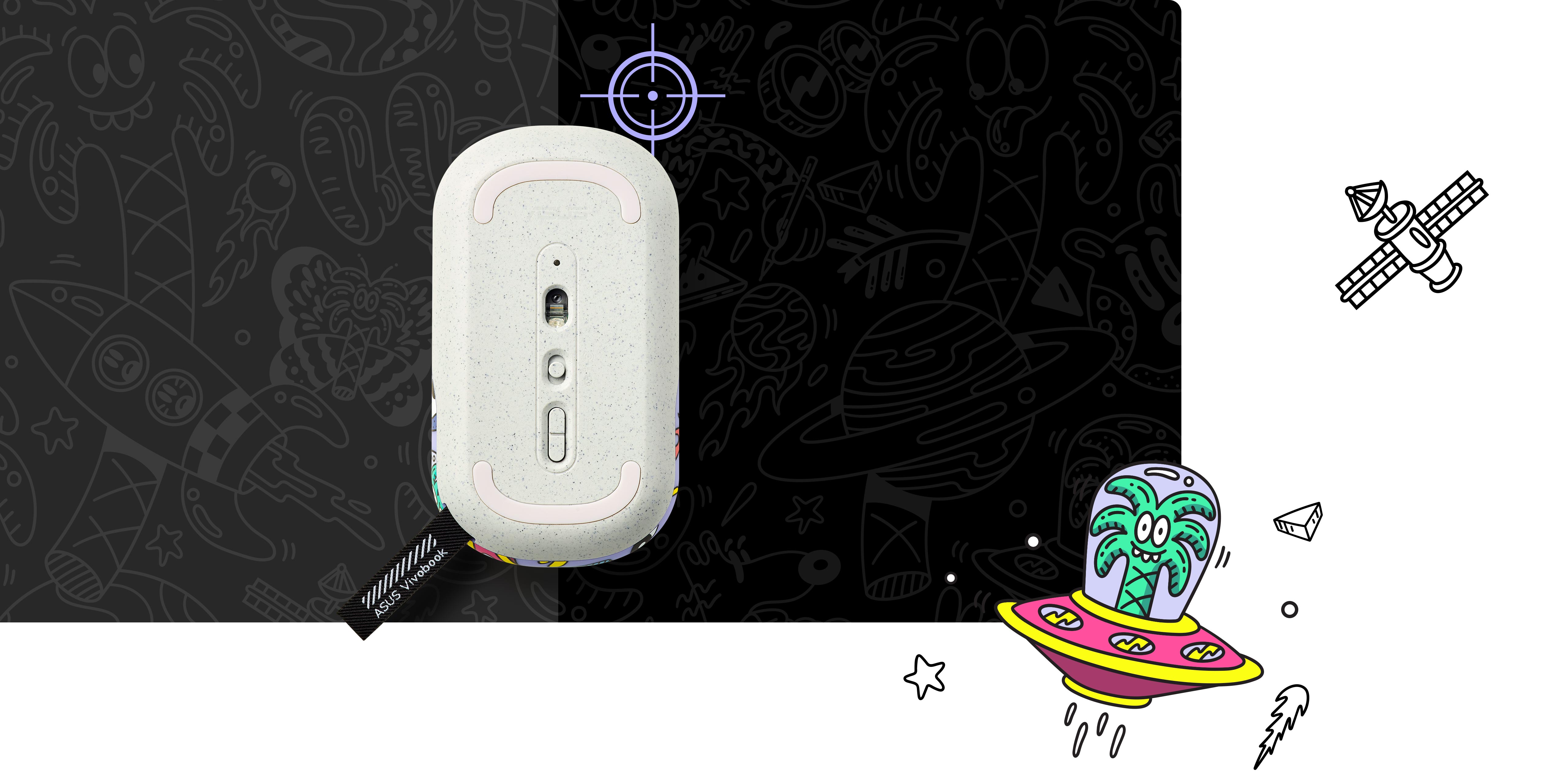 An image of the underside of MD100 Steven Harrington Edition to show the mouse feet, optical sensor, and DPI button. The black background includes his other artwork.