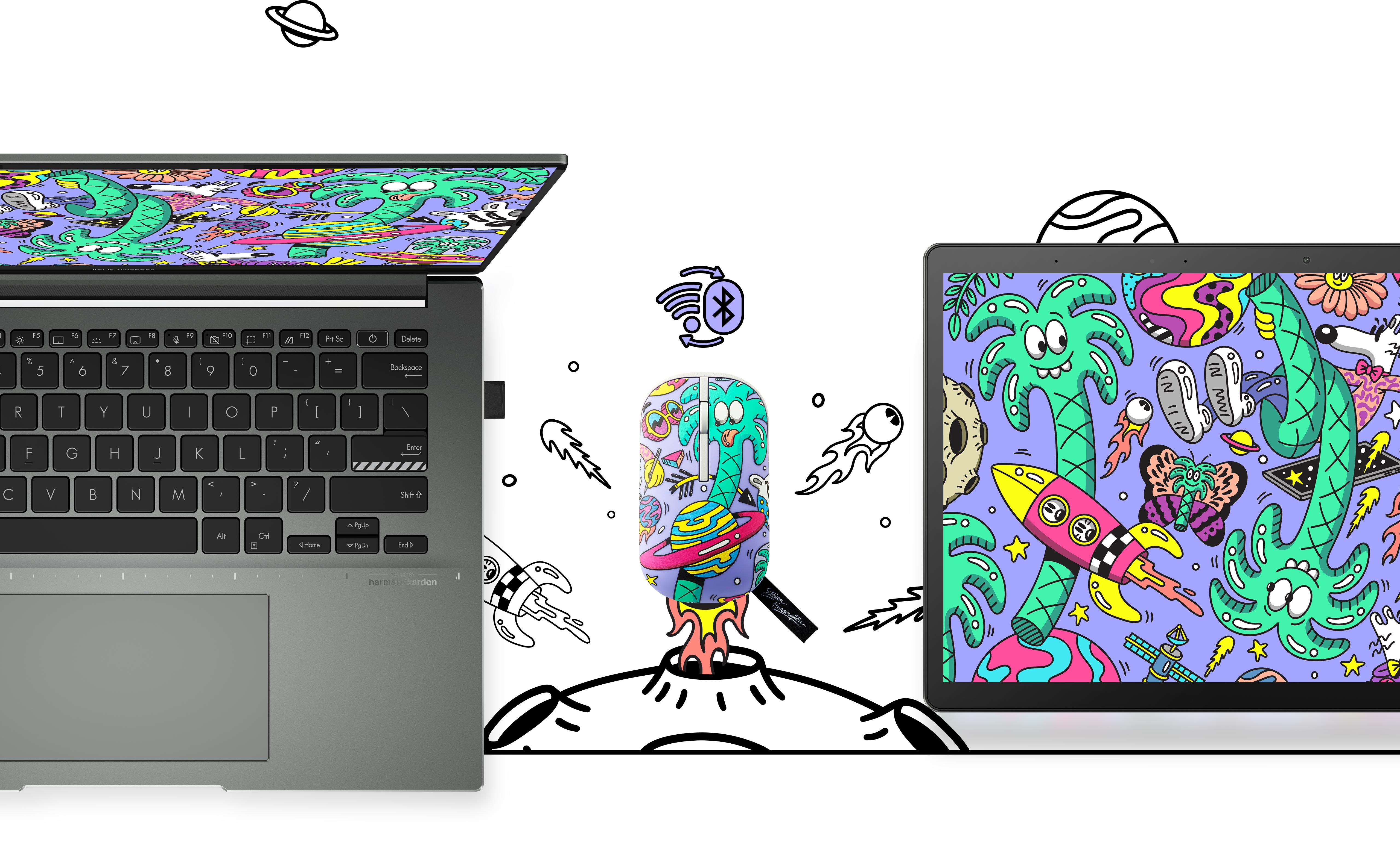 A MD100 Steven Harrington Edition shown between a laptop and a tablet to demonstrate its RF 2.4 GHz and Bluetooth 5.0 connectivity.