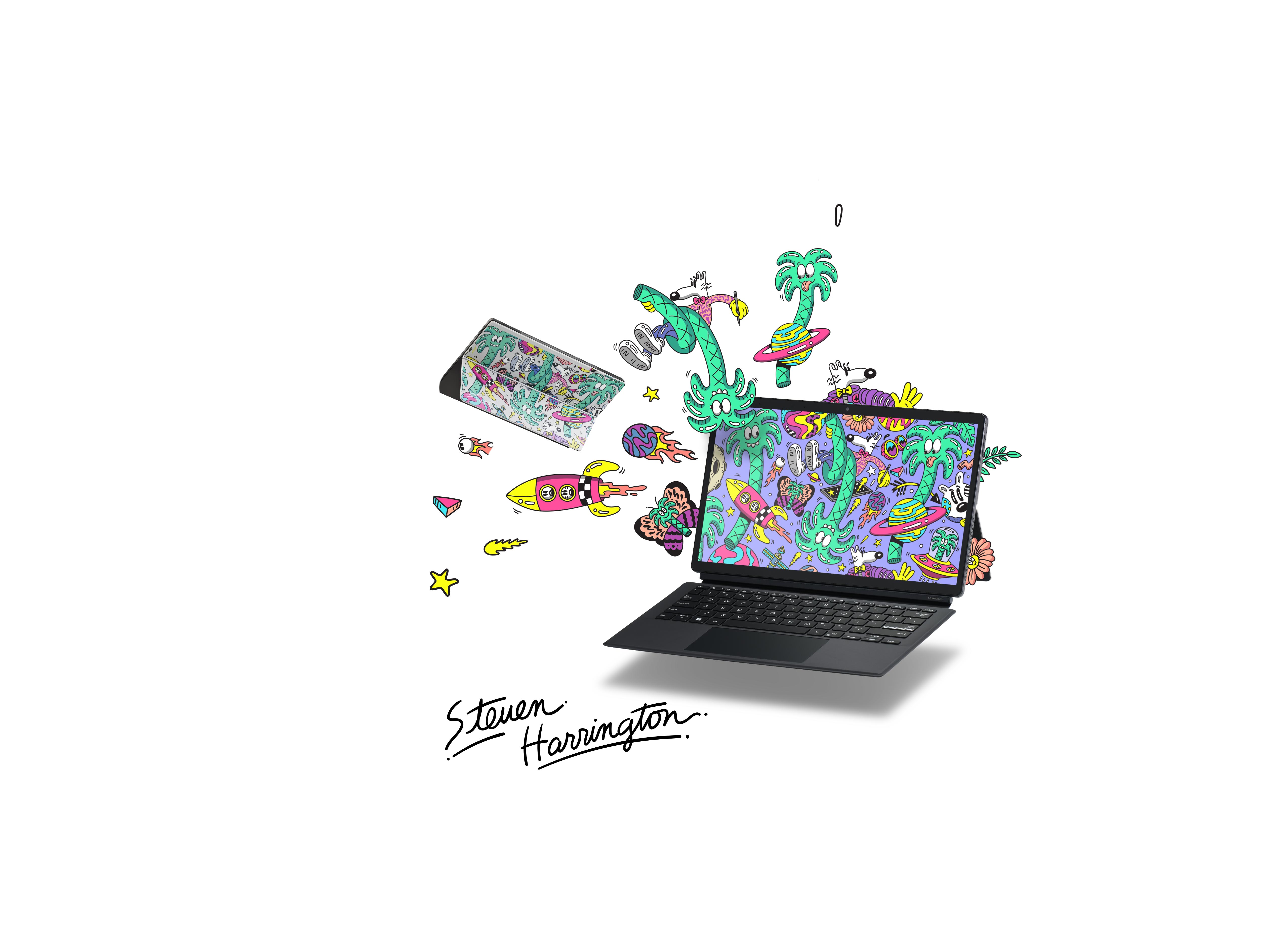 An image of Vivobook 13 Slate OLED Steven Harrington Edition. The page also includes his various artworks and his signature. 