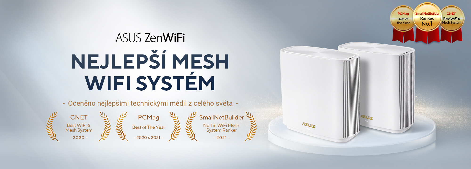 Mesh WiFi systém ASUS ZenWiFi byl oceněn předními světovými technickými médii, včetně CNET, PCMag a SmallNetBuilder, jako nejlepší WiFi 6 mesh router.