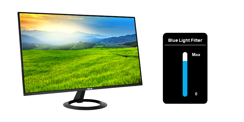 Image with monitor and blue light filter bar for adjusting the blue light filter level