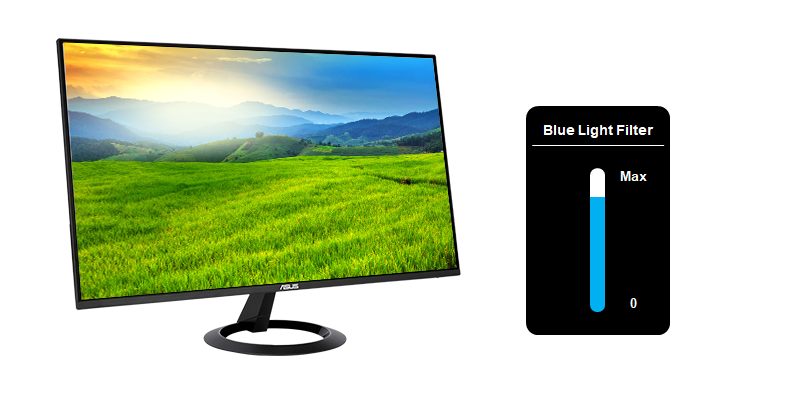 Imagem com monitor e barra do filtro de luz azul para ajustar o nível do filtro de luz azul