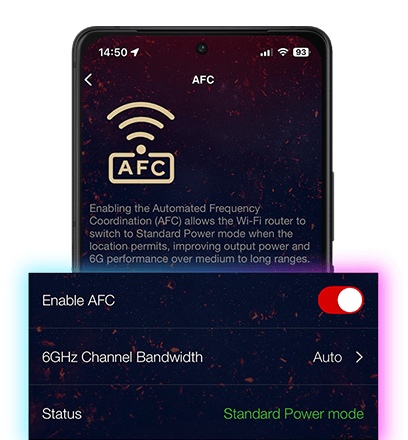 ASUS Router mobile app showing AFC settings with the 'Enable AFC' toggle switched on.