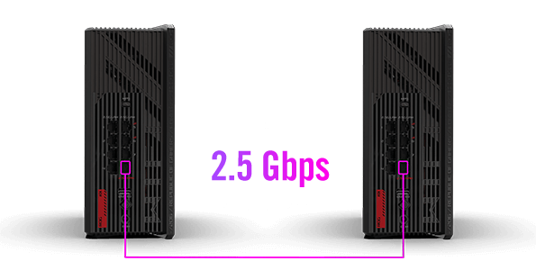 Two ROG Strix GS-BE18000 devices are connected by a purple line labeled 'Up to 2.5 Gbps Wired Backhaul'