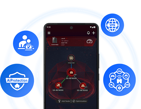 AiMesh topology UI surrounded by icons or logos for AiProtection, parental controls, Smart Home Master, and VPN.