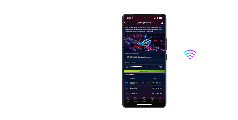 Smartphone displays 'Gaming Network' settings for a smart home, with a 'One-tap SSID Connection' feature and gaming icons.