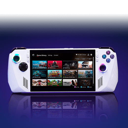 A white ROG Ally handheld gaming device displays a 'Game Library' with various games