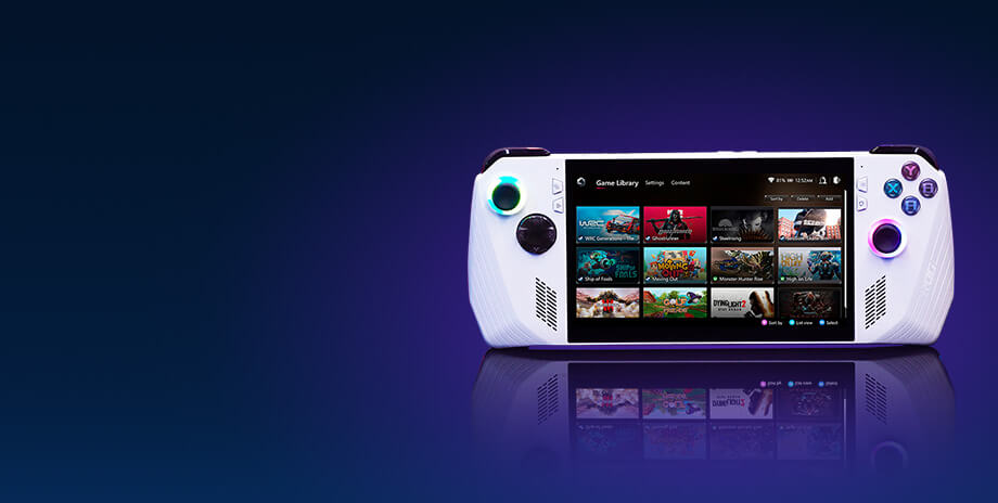 A white ROG Ally handheld gaming device displays a 'Game Library' with various games