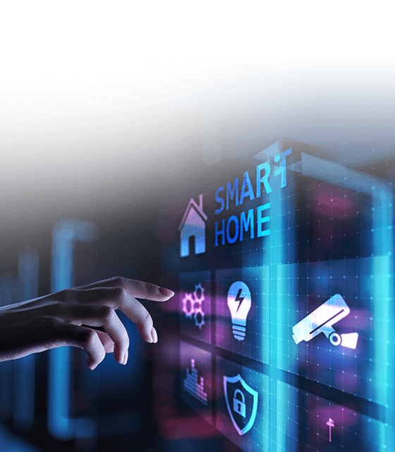 Hand touches glowing 'SMART HOME' interface with control icons.