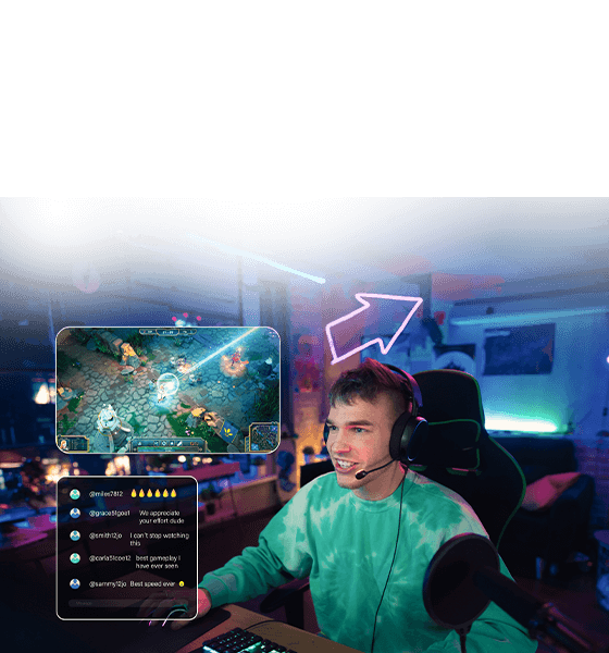 A young streamer plays MOBA game with chat window overlay visible.