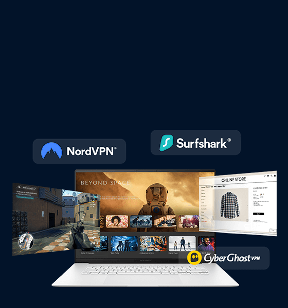 Laptop showing online activities surrounded by logos for NordVPN, Surfshark, and CyberGhost VPN.