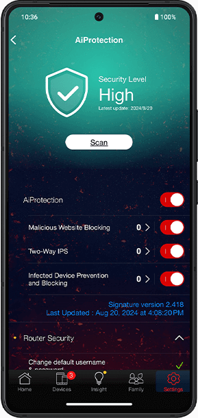 The smartphone screens display the ASUS AiProtection security app an overall security status of 'High'.
