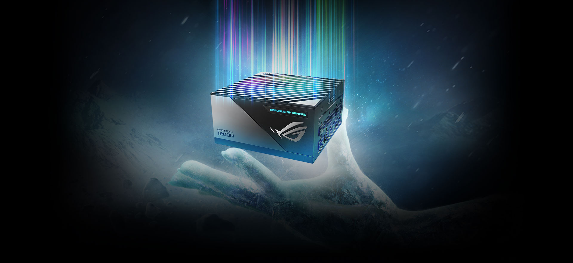 ROG Loki SFX-L 1200W Titanium floats on an icy hand with rainbow and blizzard in the background