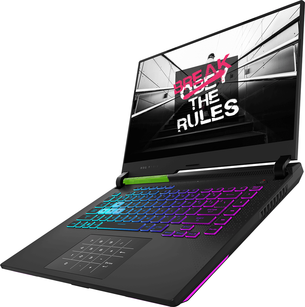 The image shows that the stair with the sentence of break the rules on ROG Strix G15 2022's display