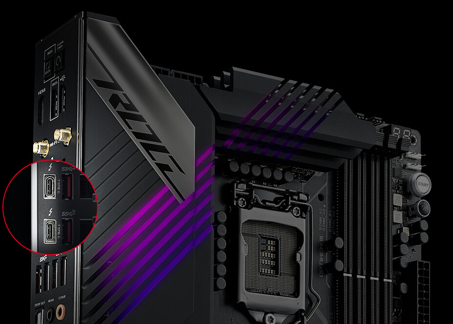 ROG Maximus XIII Hero motherboard with Thunderbolt 4 USB Type-C ports highlighted