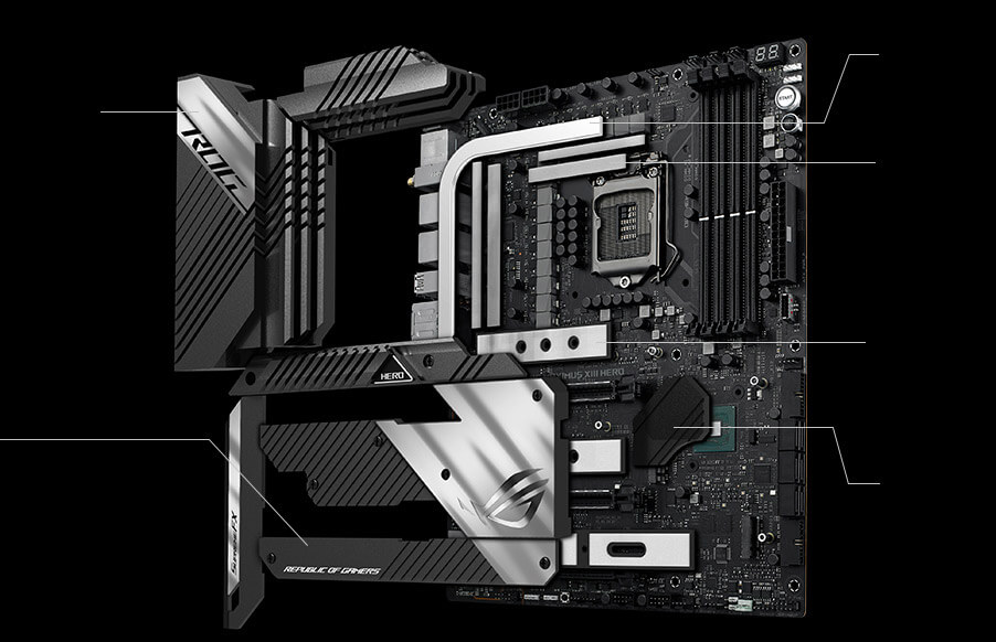 Detailed view of ROG motherboard cooling components