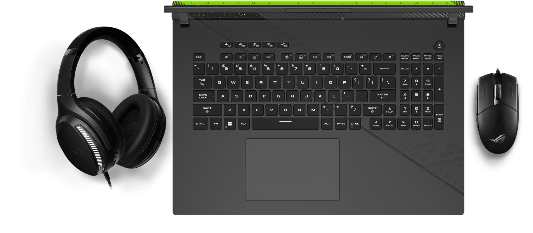 Weergave van het toetsenbord, met Aura-lichteffecten die synchroniseren met een muis en een headset.