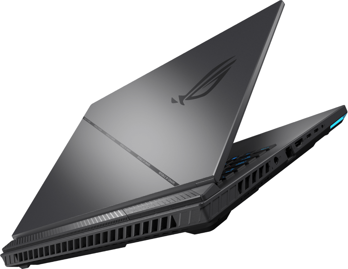 Ноутбук G18 летить через екран, видна його задня сторона на різнобарвному фоні.