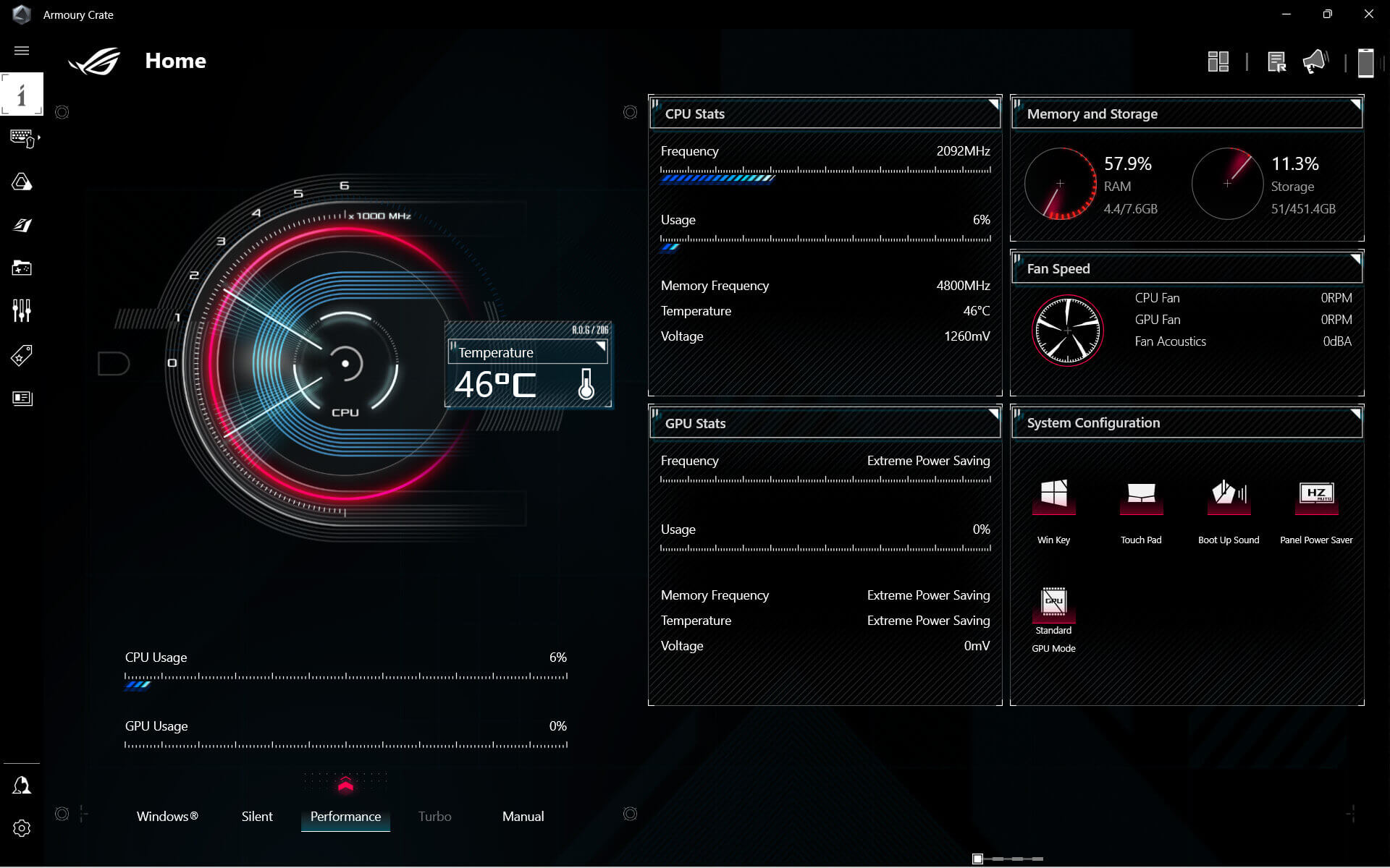 Používateľské rozhranie softvéru Armoury Crate zobrazujúce prehľad o stave systému.