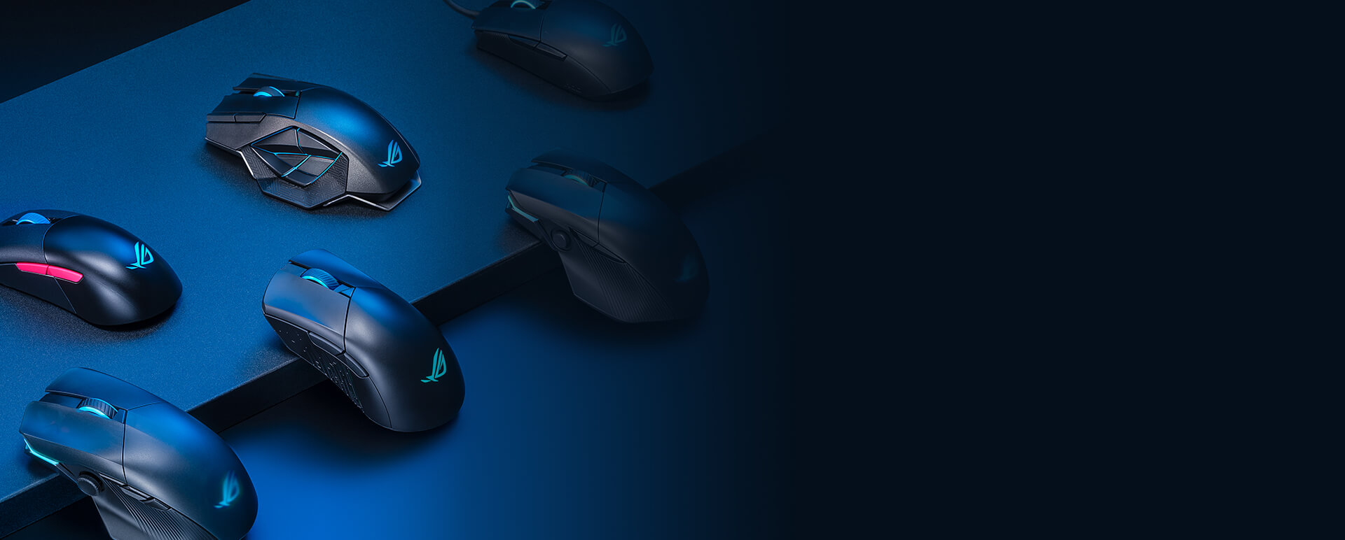 An image of the ROG mouse lineup, each mouse offering unique handshape designs catered to different needs.