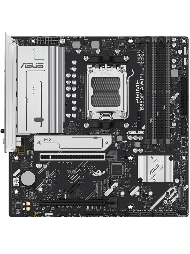 PRIME B850M-A WIFI-CSM motherboard front view, floating in space.