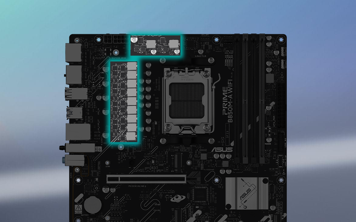 Angled top-down view of PRIME B850M-A WIFI-CSM motherboard.